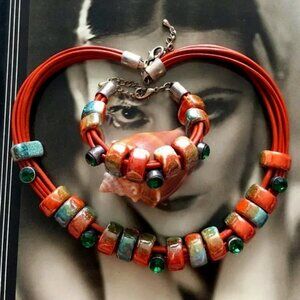 SET Necklace & Bracelet LOT Silver Ceramic Beads Swarovski Elements Leather Cord